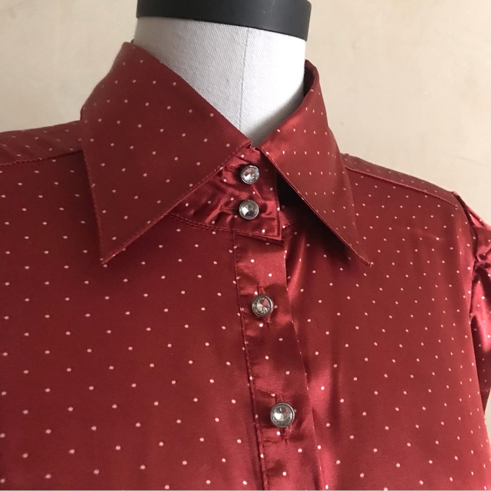 Red Satin Button-Up Blouse - Picture 3 of 9